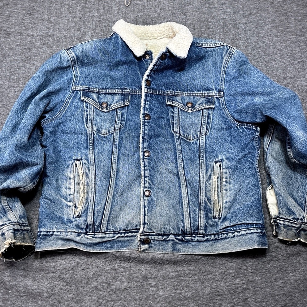 Vintage Plain Pockets Jacket Men Large Sherpa‎ Lined Denim Trucker Grunge 80s